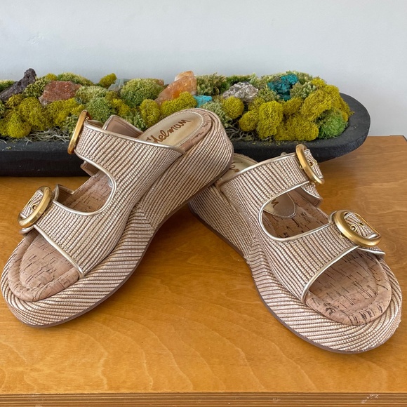 new Sam Edelman Nerissa Platform Summer Slide Sandals Raffia Gold Buckle Sz 8.5 - Picture 5 of 8